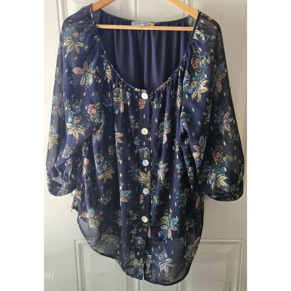 FIGUEROA & FLOWER XL‎ Navy Floral Sheer Button Front Blouse 3/4 Sleeve Boho Top